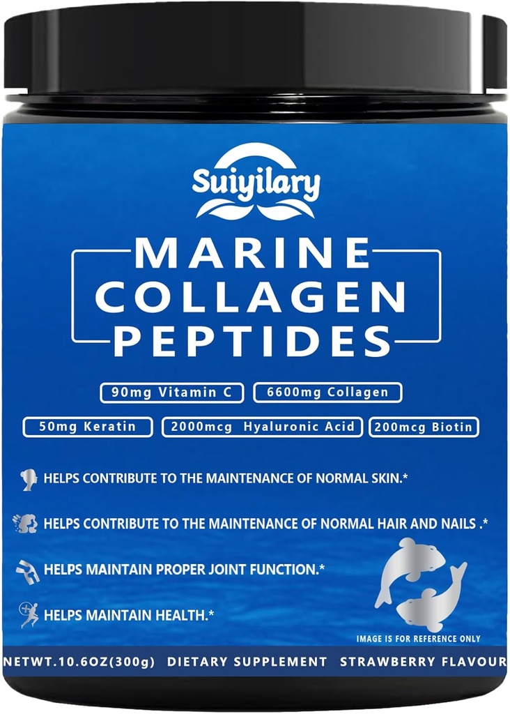 Collagen Peptides Powder for Women, Multi Marine Hydrolyzed for Healthy Hair, Nails with Hyaluronic Acid, Biotin C, 30 Servings (10,6 OZ, Strawberry)