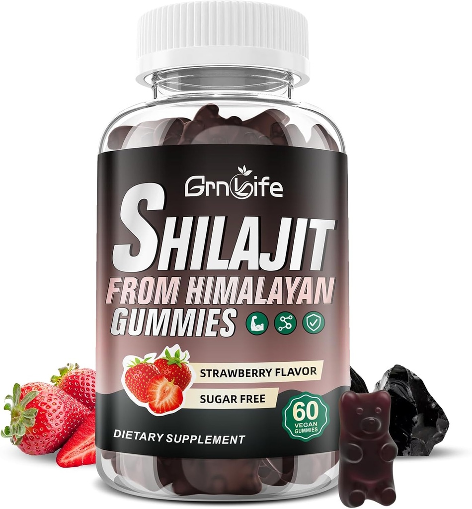 Gumi Shilajit untuk Pria & Perempuan, 1000MG Shilajit Tambahan dengan 85 + Trace Minetrace & Fulvic Acid for Energy, Imunity, Sugar- Free, Strawberry-60 Count