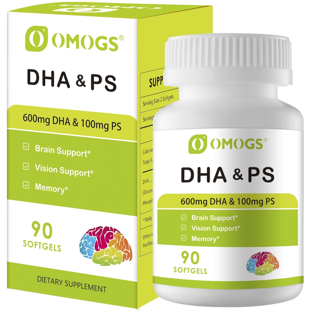 OMOGS Algae DHA - 600 mg Omega- 3 DHA Softgels, dengan Phoshatidyserine & Walnut Oil, Menyediakan Fungsi Otak Sehat, Vision & Memory, Gluten Free, NON-GMO Vegan Algae Oil, 90 Softgels