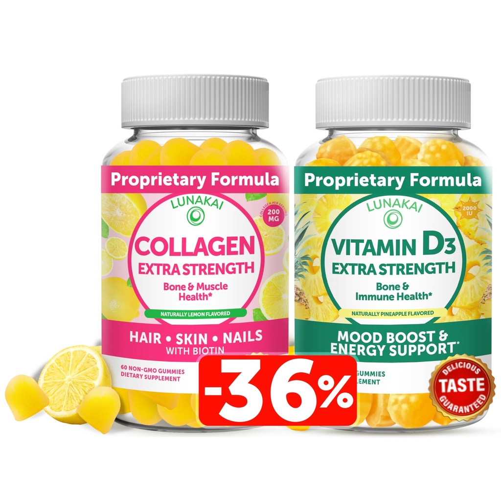 Lunakai Collagen dan Vitamin D3 Gummies Bundle - Non- GMO Suplemen Anti Aging untuk Pria & Women - Imunity, Bone dan Mood Dukungan Gummy untuk Dewasa - 30 Hari Suppply