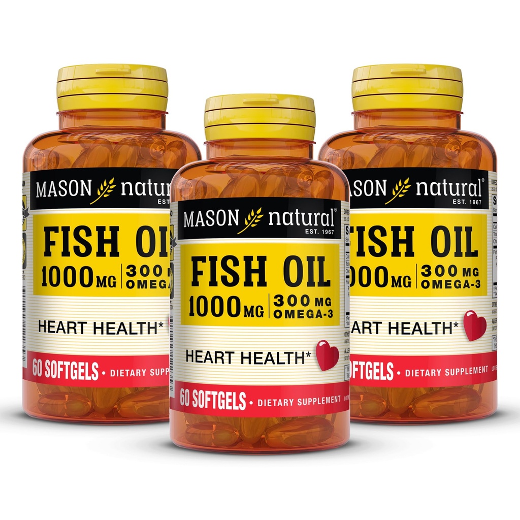 MASON NATURAL Omega, 3 Fish Oil, 180, Day Supply, 1000mg dengan EPA dan DHA untuk Dukungan Bersama, 60 Pil Softgel (3 Pack)