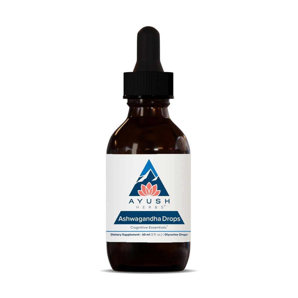 Ayush Herbs Ashwagandha Drops - Ashwagandha Alcohol- Free Drops for Adulants, Calming Daily Suplemen untuk Fokus & Perhatian dengan Organik Ashwagandha, Lemon Flavor - 2 Fl Oz (80 Pelayan)
