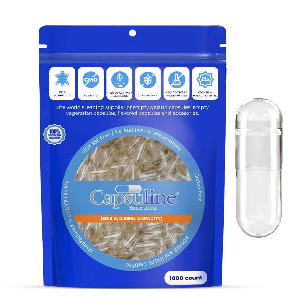 Capsuline Ukuran 0 Kosong Grantin Capsules, Hapus - 1000 Cacah 124; Gluten Bebas, Kosher, Non-GMO Disertifikasi Alasan14; Pure Bovine Pill Caps Untuk Penuhi DiY