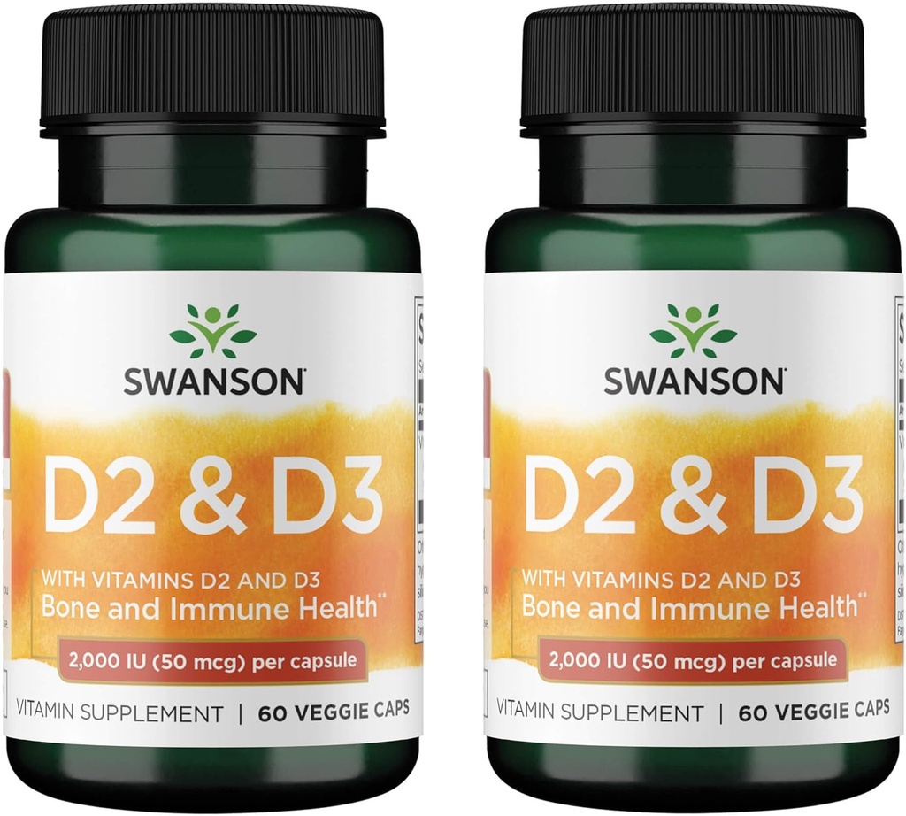 Swanson Vitamin D Complex dengan Vitamin D2 & D3 - Complex Sunshine Vitamin untuk Bone, Dental & Imune Kesehatan - Vitamin Suplemen (50 mcg, 60 Vevgie Capsules) (2 Pack)