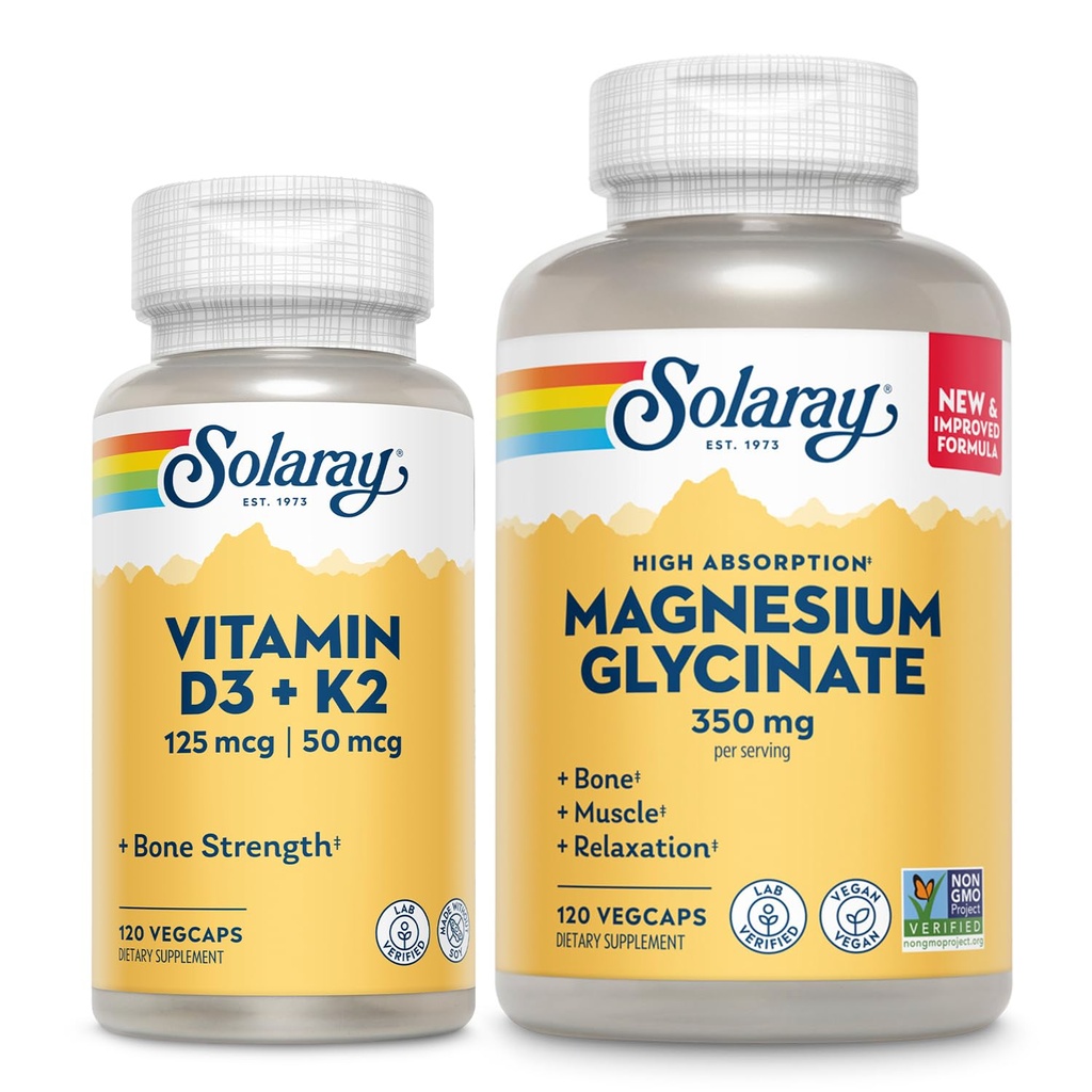 SOLARAY Vitamin D3 K2 dan Magnesium Glycinate - Bone Health Bundle - Calcium Absorpsi, Nerve, Heart dan Imune Dukungan w / 5000 IU Vitamin D, 350mg Chemated Magnesium, 60- Hari Jaminan, 120ct / 120ct