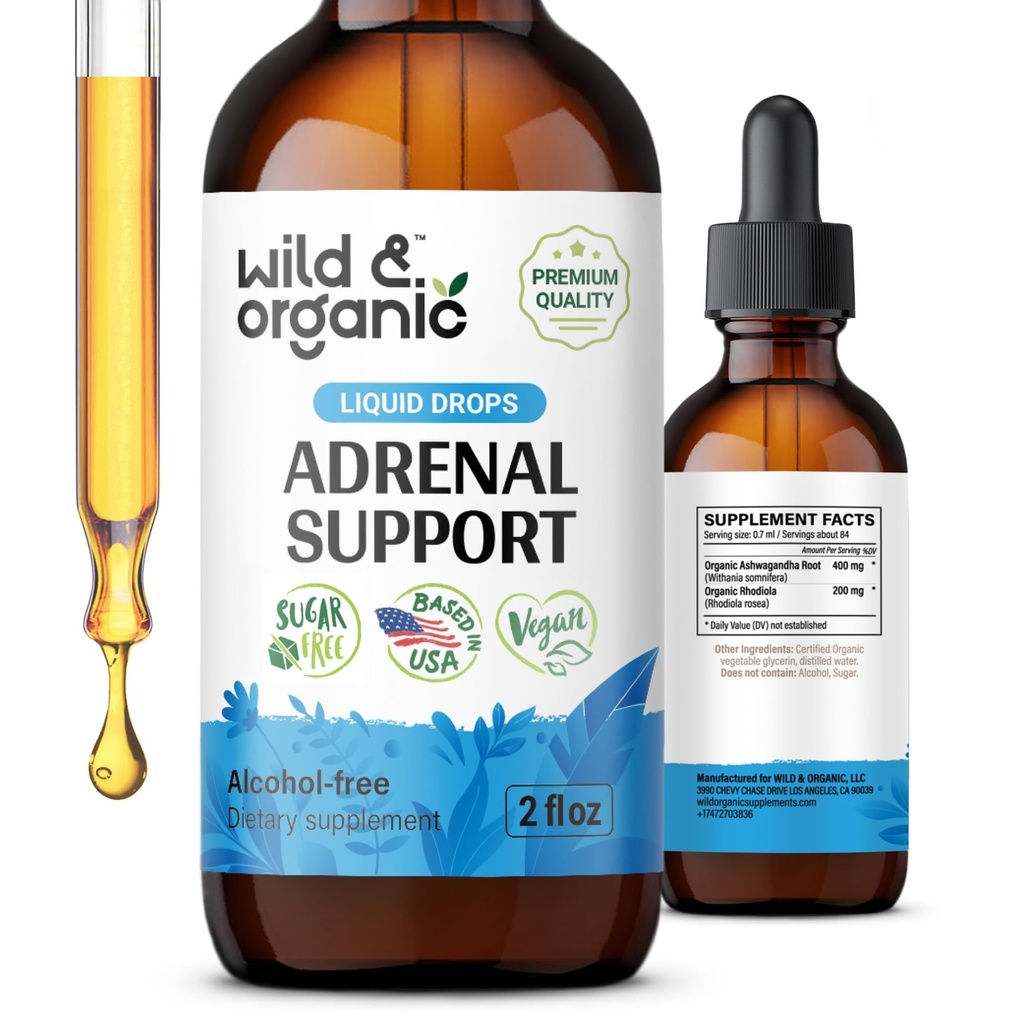 Wild & Organic Adrenal Support for Positive Outlook - Adrenal Complex with Ashwagandha, Rhodiola Root - 1-Month Supply - Vegan, No Sugar & Alkohol - 2 fL oz