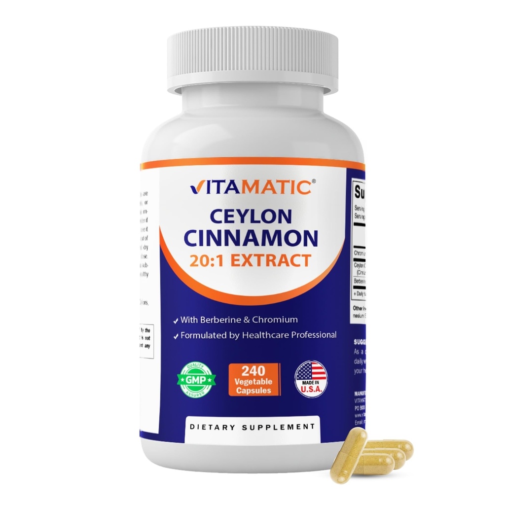 Vitamin Ceylon Cinnamon 10.000 mg Equivalen Per Serving (dari 20: 1 Ekstrak 500 mg) dengan Berberine & Chromium - 240 Vegetable Capsules - Non-GMO & Gluten Bebas