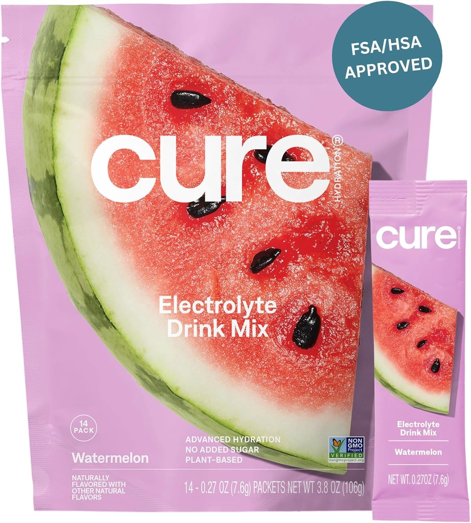 Cure Hidration 14; Plant-Based Electrolyte Drink Mix 124; No Added Sugar 14; FSA- HSA 124; Dehidrention Relief Pouder Made with Coconut Water 124; Non-GMO 124; Vegan 124; Poule 14 Packet - Watermelon