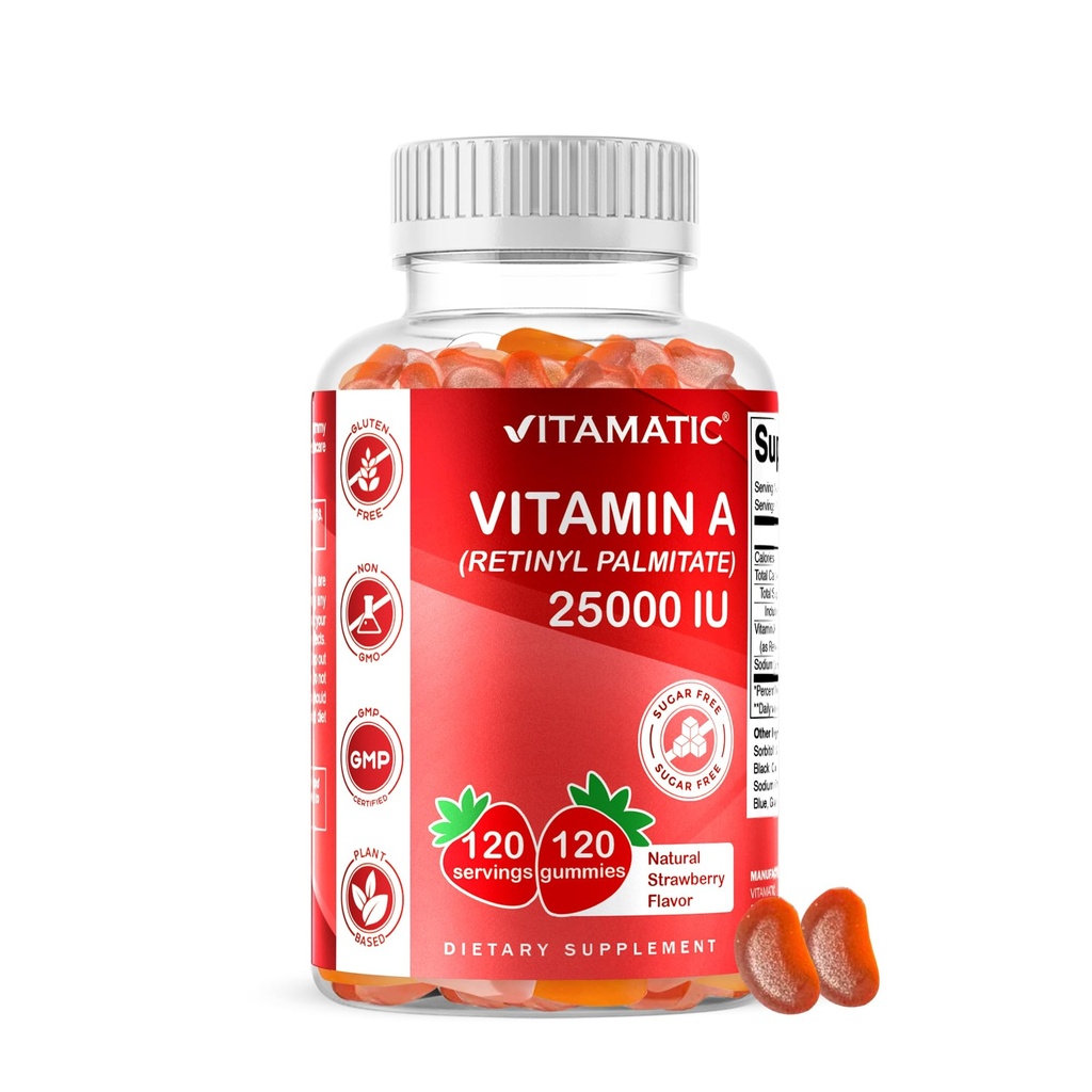 Vitamatic Sugar Free Vitamin A 25000 IU Gummies (Retinyl Palmiate) - Natural Strawberry Flavor - 120 Pectin Based Gummies (1 Botol)