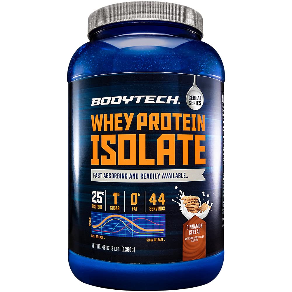 BODYTECH Whiy Protein Isolat Powder - dengan 25 Grams Protein per Serving & BCAA - Ideal untuk Post-Workout Strucle Building & Growth, Berisi Susu & Soy - Cinnamon Cereal (3 Pound)