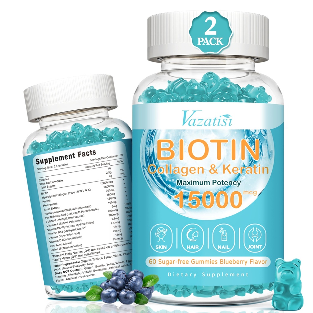 Biotin and Collagen Gummies with B12, Hair Skin and Nails Vitamin Cummies for Hair Growth, Glowing Skin & Strong Nails - Blueberry Flavor, Sugar Free, 120 Ct
