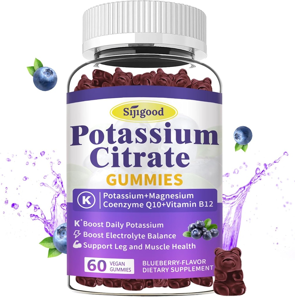 Potassium Citrate Gummies - Tambahan Potasium untuk Kesehatan Otot, Penjepit Kram Kram Kaki & Keseimbangan Electrolite, Vegan, GMO-Non, Gluten- Free, Blueberry Flavor, 60 Count
