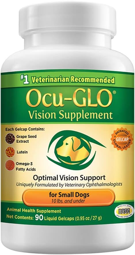 Ocu-GLO Tambahan Vision for Small Dogs - Lutein, Omega-3 Acids Gendut, Grapeed Extract - Dukung Optimal Eye Health & Vision in Dogs - Antioksidants for Canine Ocular Health - 90ct SNIP CAPs