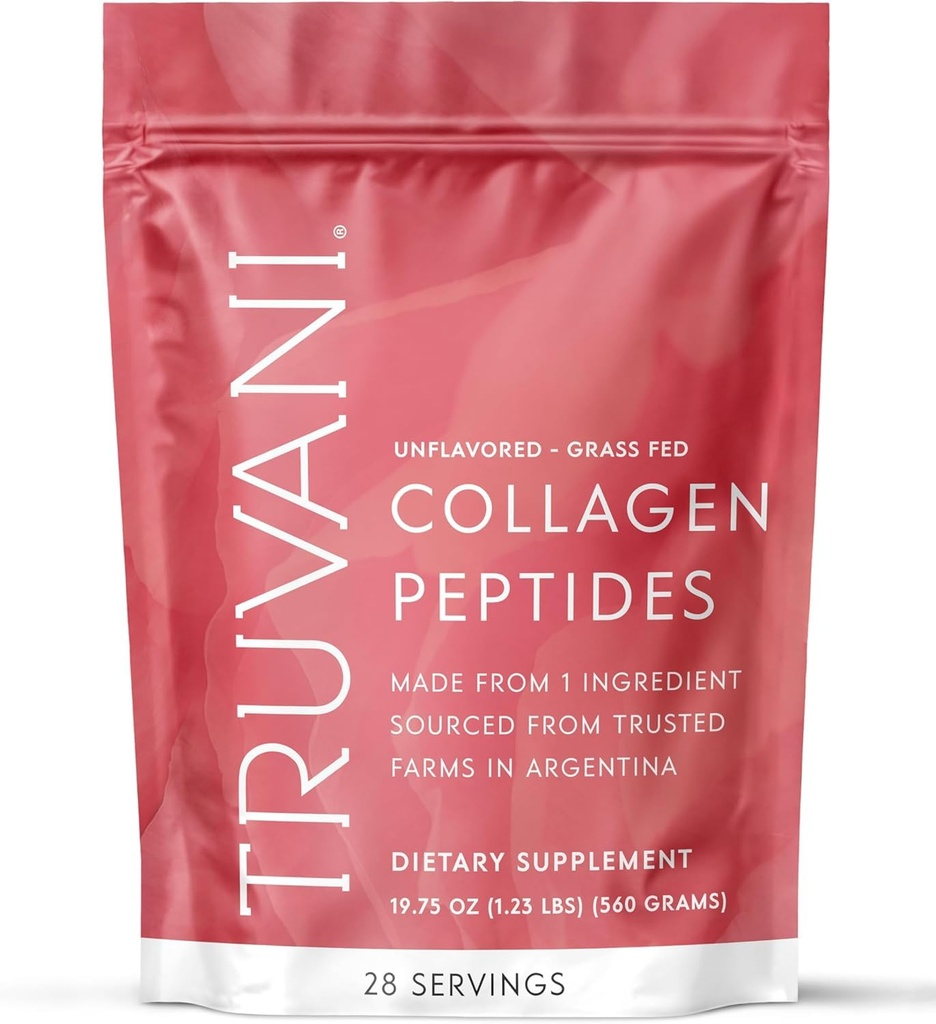 Truvani Hydrolyzed Collagen Peptides, 124; Unfearorored 124; 28 Services 12.4; 20g Grass-Fed Collagen Powder = 124; Promopes Hair, Skin, and Nail Health 124; Dairten & Gluten Free Fall 124; Women & Men & 4ary; Package May Vary