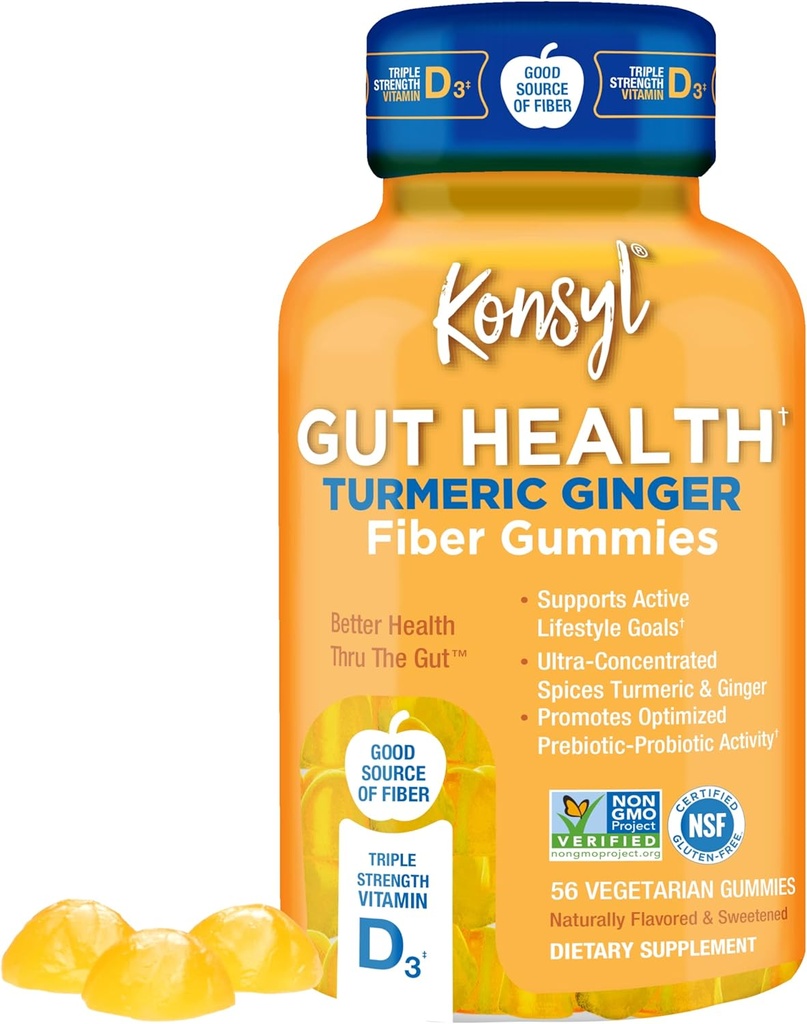 Konsyl Gut Health Turmeric Ginger Fiber Gummies - Membantu Digetical Health + - Vegetarian Fiber Suppplement Gummies untuk Adults - 56 Count