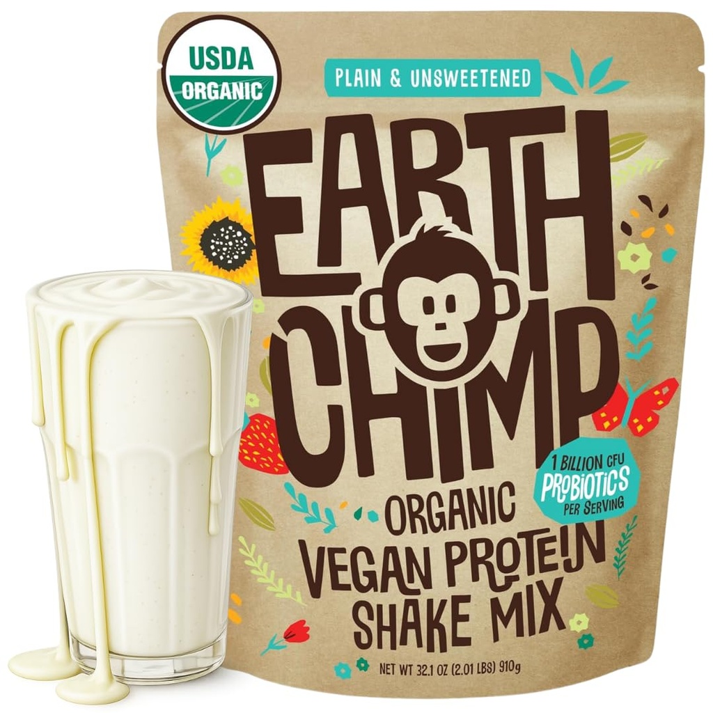 EarthChimp Organic Vegan Powder - dengan Program- Non GMO, Dairy Free, Non Whey, Tanaman berbasis Protein Poader untuk Perempuan dan Pria, Gluten Free - 26 Pelayan 32 Oz (Plain & Unsweetened)