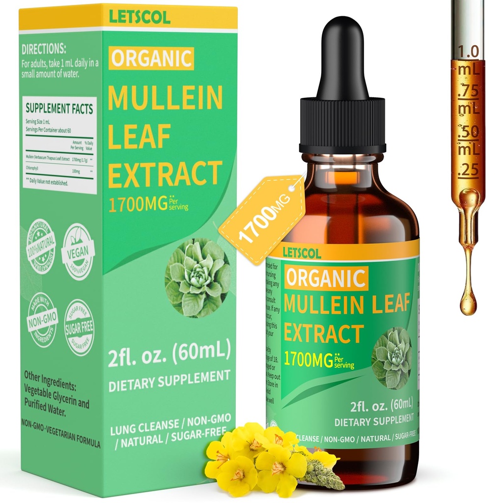 Ekstrak Daun Organik Mullein Drops untuk Lung Cleanse, Terkuat 1700mg Mullein Extract untuk Dukungan Imune & Repiratory, Dukungan Mullein Natural Tincture Drops Non- GMO & Vegan, 2 Fl Oz