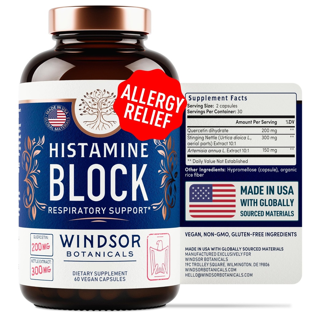 Histamine Blocker for Allergies - Quercetin, Stanging Nettle Flavonoid Antihistamine Tablet Alam - Suplemen Bantuan Allergy & Antihistamines untuk Dewasa - 60 Vegan Histammine Block Capsules