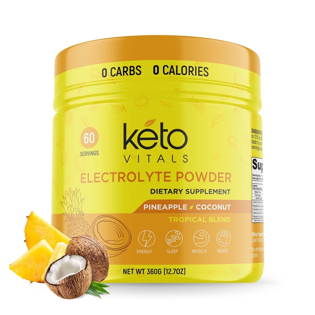 Keto Vital Electrolytes Powder - Sugar Free Keto Electrolytes Powder dengan Potsium, Magnesium, Sodium - No Sugar Electrolite Drink Mix & Hidration Powder, 60 Servings, Pineapple Coconut