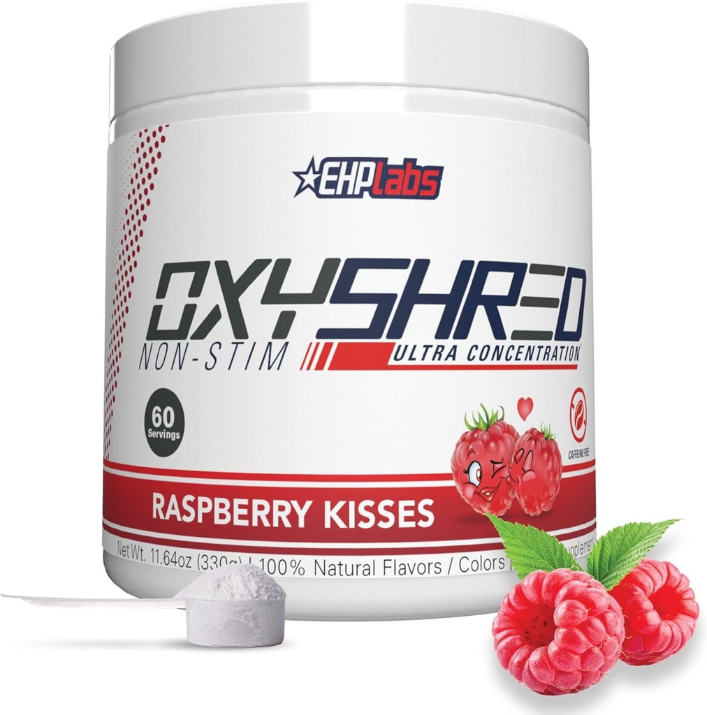 EHP Labs OxyShred Non Stimulant Pre Workout Powder - Stim Free, Caffeine Free Pretraining for Men & Women - Non Stim Pretraining - Sugar Free Energy Powder - Raspberry, 60 Servings
