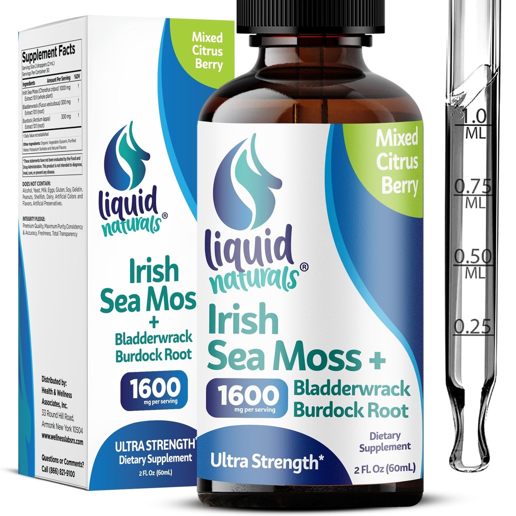 Irish Sea Moss Drops - Citrus Berry Flavor - 92 + EscessMineces & Vitamin - Energy, Skin, Gut, Recovery - Bladdercrack and Burdock Root - 2 flans.