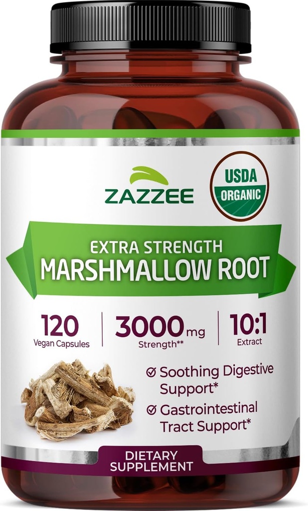 Zazzee USDA Marshmallow Organik Akar 10: 1 Ekstrak, 3000 mg Kekuatan, 120 Vegan Kapsul, 4 Bulan Suplai, Standardisasi, konsentrasi 10X Ekstrak, 100% Vegetarian, All- Natural, Non-GMO, dibuat di Amerika Serikat