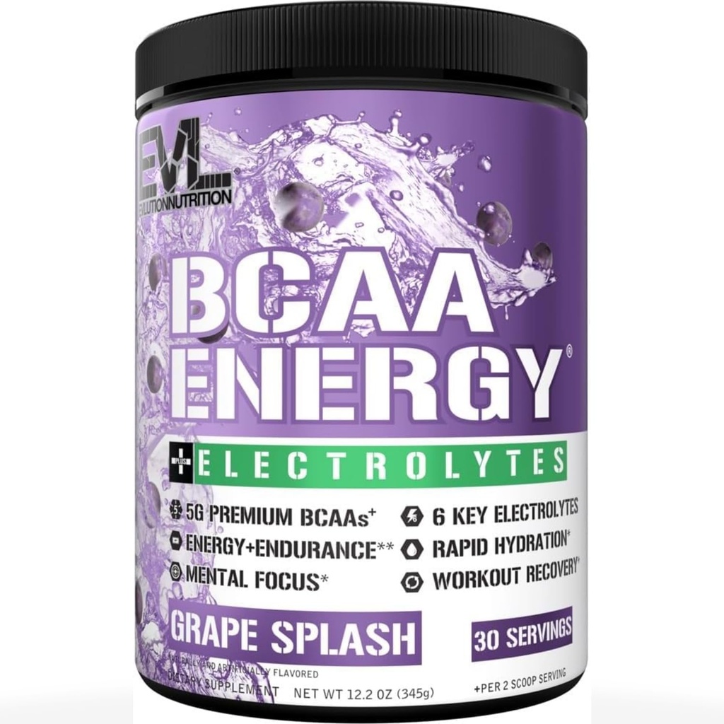 EVL BCAAs Amino Acids Powder - BCAA Energy Pre Workout Queder for Muscle Recovery Lean Growth and Endurance - Rehydrating Post Workout Recovery Drinder with 6 Key Electrolytes - Grape Splash