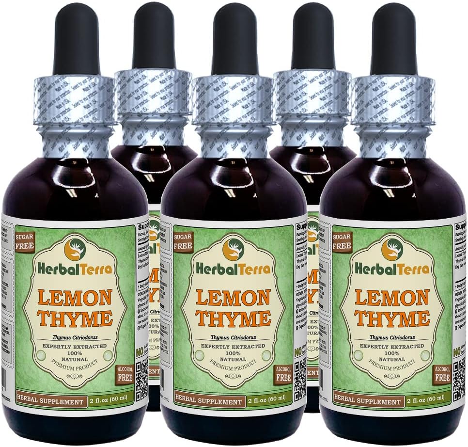 Lemon Thyme (Thymus x Citriodorus) Glycerite, Organic Dry Herb Alcohol- Free Liquid Extract (Nama Merek: HerbalTerra, Proughtly Made in USA) 5x2 f.oz (5x60 ml)