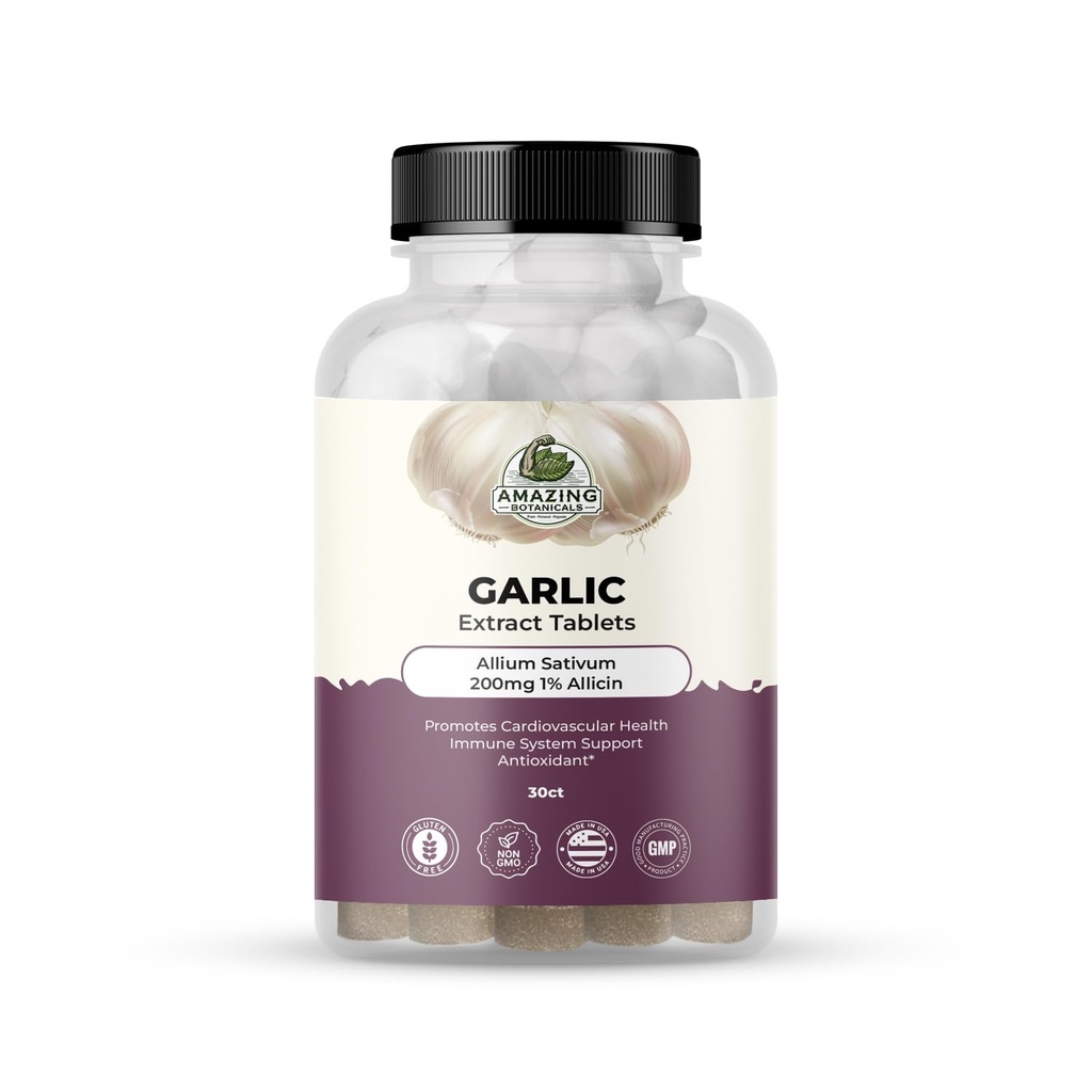 Amazing Botanicals Extract Tablets - Allium Sativum 200mg, 1% Allisin - High Potency Herbal Supplemen dan Vitalitas - 30 Count