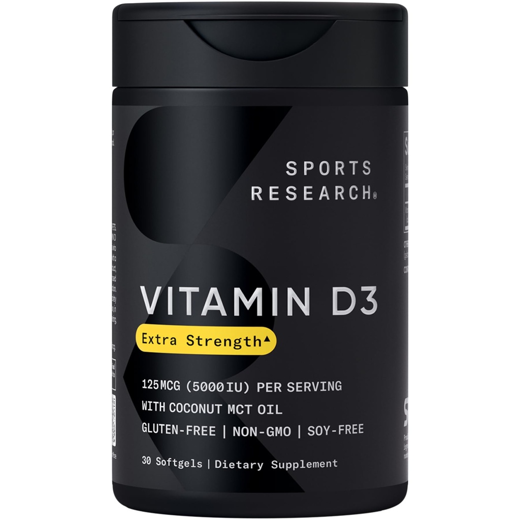 Riset Olahraga Vitamin D3 5000 IU dengan Coconut MCT Oil - Potency Vitamin D Tambahan untuk Imune & Bone Dukungan - Non-GMO Diverifikasi, Gluten & Soy Free - 125mcg, 30 Liquid Softgels