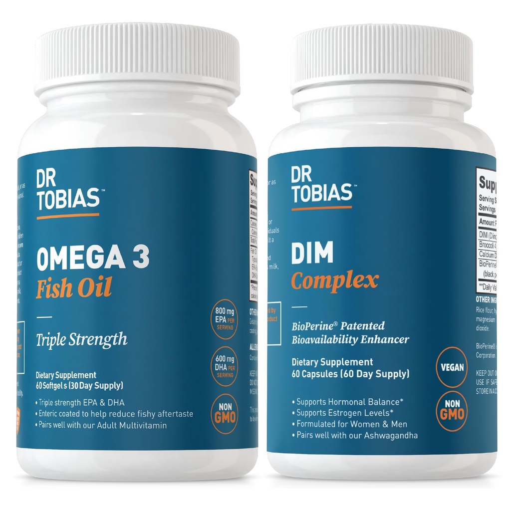 Dr. Tobias Omega 3 Ikan Oil dan DIM Kompleks Suplemen, Support Heart, Brain Immune Fungsi dan Hormone Keseimbangan untuk Perempuan & Men with BioPerine, Borkoli Extract & Kalsium D-Glucarate, 60 Kapsul