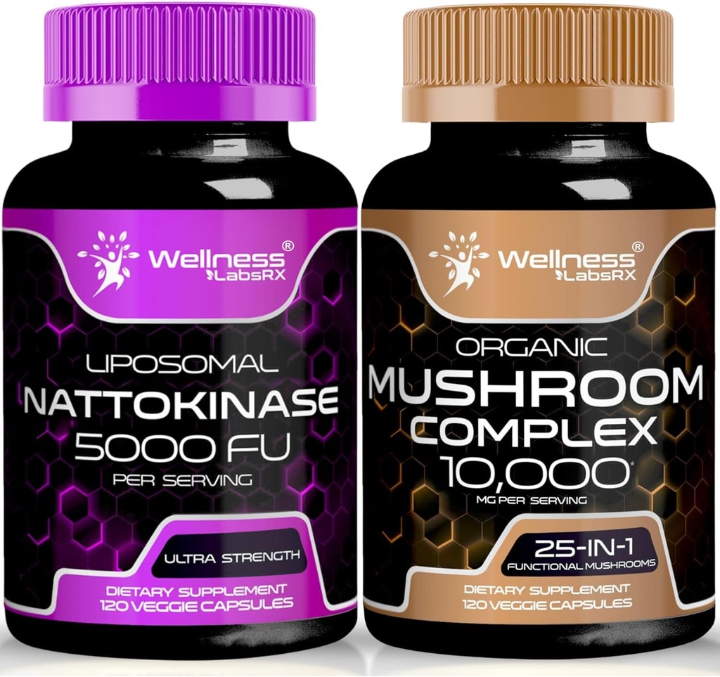 Kapsul Tambahan Nattokinase - 5000 FU - Enzymes dari Pure Japan Natto Ekstrak 124; Mushroom Organik Kapsul - 10000mg - 25 dalam 1 Mushroom Complex Capsules