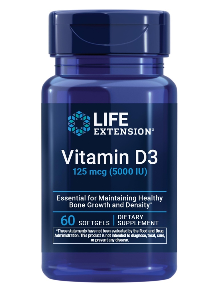 Ekstensi Hidup Vitamin D3 125 mcg (5000 IU), Perbaikan Bone Health, Performance Brain, Dukungan Sistem Imune, Bebas GMO, Non-GMO, Sekali Harian, Dua puluh Bulan, 60 Softgels