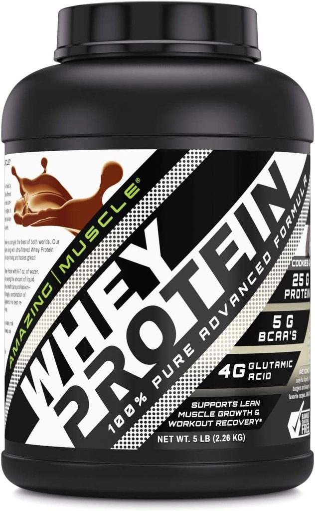 Amazing Muscle 100% Whiy Protein Powder * Advanced Formula with Whey Protein Isollate Along with Ultra Filted Whey Protein Concentract (Cookie & Cream, 5 Lb)