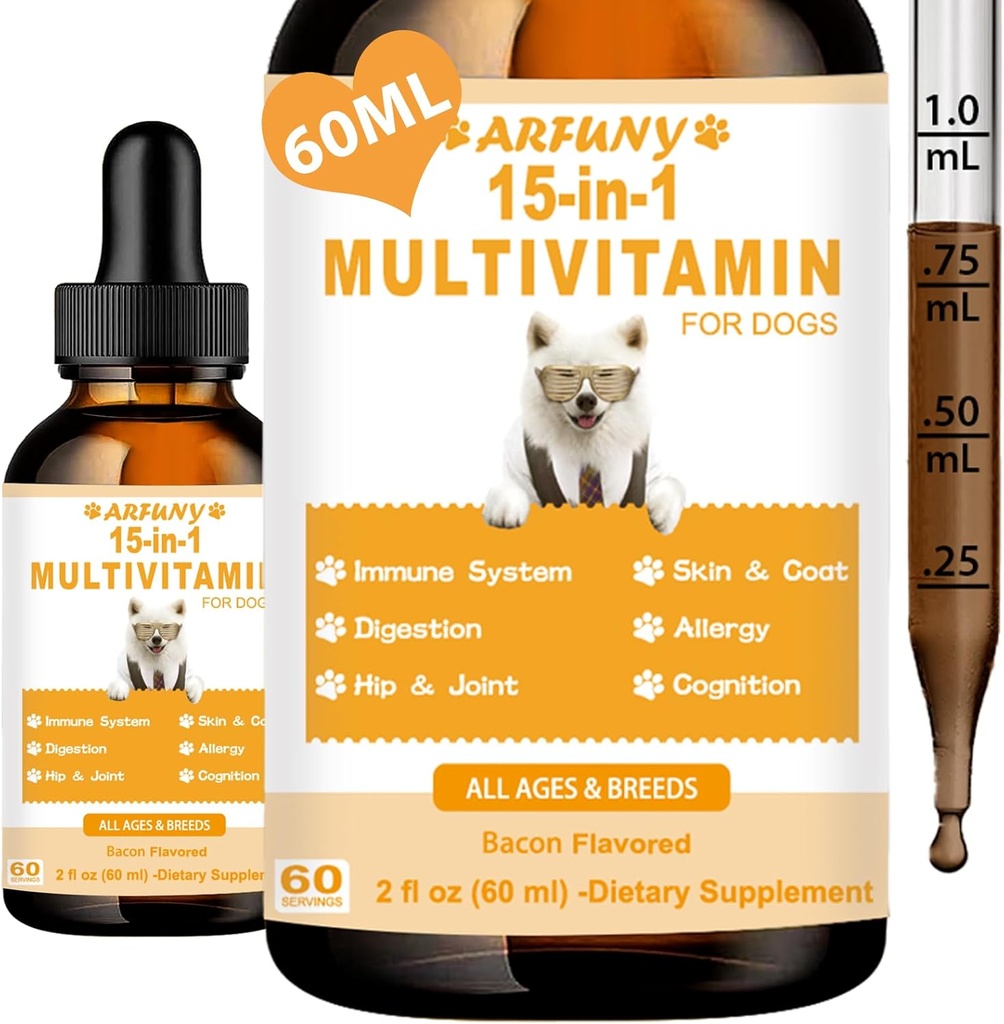 15 dari 1 Multivitamin for Dogs - Dog Multivitamin Liquid Support Joint, Gut & Ammune Health - Canine Distrable, Heart, Skin & Coat Health - Vitamin Suplemen Puppy - Bacon Flavor