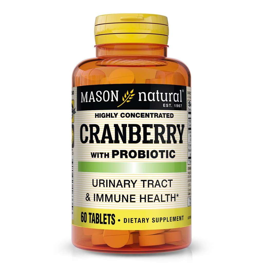 MASON NATURAL Cranberry dengan Probiotic, 2 Bulan Supply, Sangat Terkonsentrasi, Mendukung Normal Immune Health & Urinary System, 60 Tablet