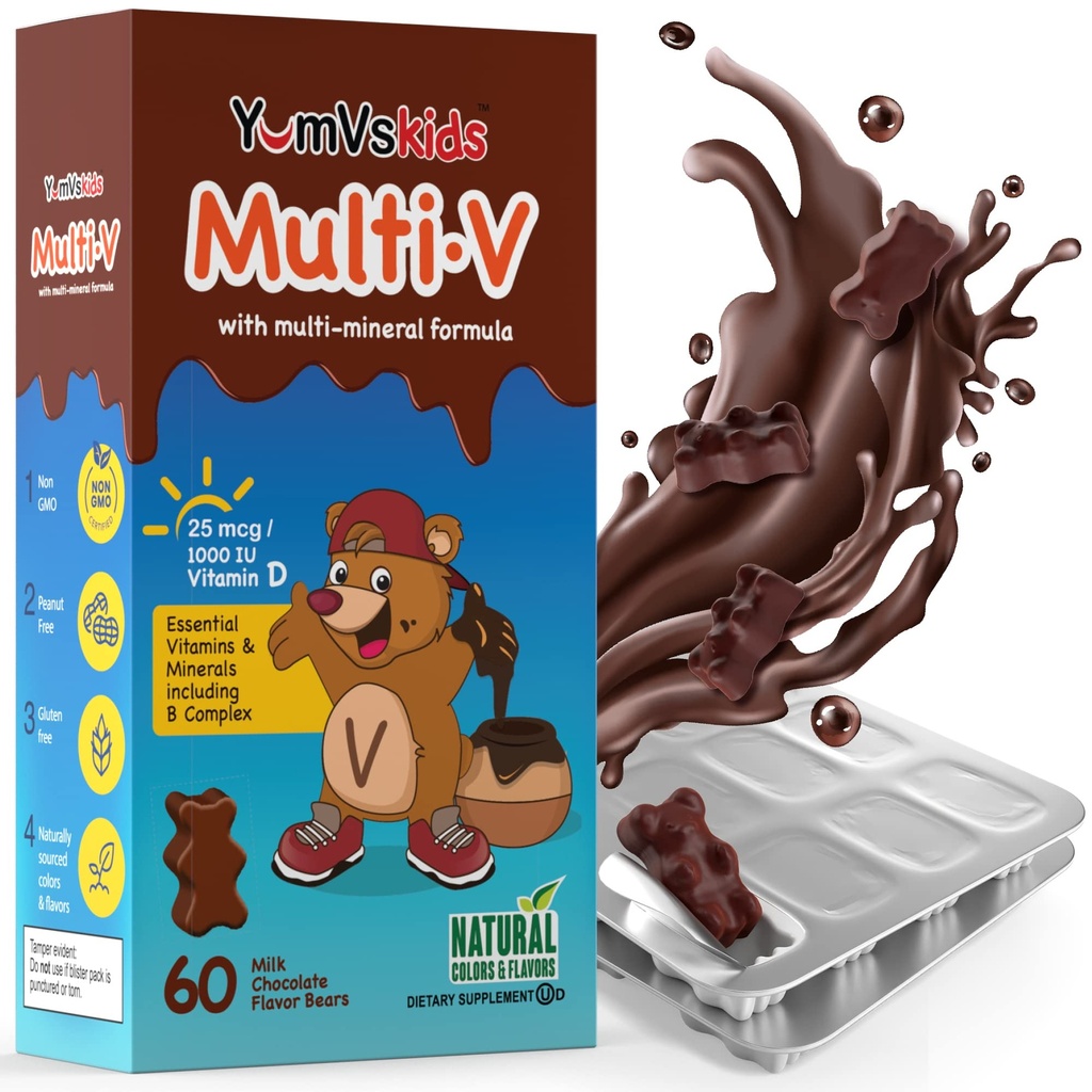 YUM-V 'S - Kids Multivitamin Chocolate Bears - Multivitamin for Kids Supplement - 16 Vitamin dan Mineral - Vitamin Termasuk D, Zinc, C, B Kompleks & Lebih, 60 Cacah Satu
