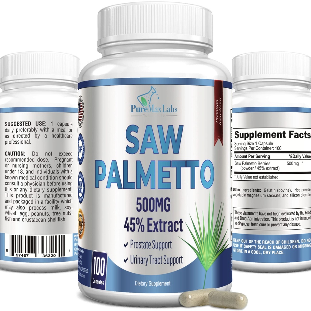 Extra Strength Saw Palmetto - 45% Ekstrak Prostate Supplement, Decase Frequentient Urination, DHT Blocker for Hair Growth, Non-GMO, 100 Kapsul