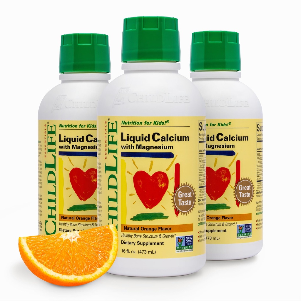 ChildLife Esencials Liquid Calcium Suplement for Kids - Baby Calcium with Magnesium, Zinc, and Vitamin D3 - Orange Flavor, 16 fl oz (3 Pack)