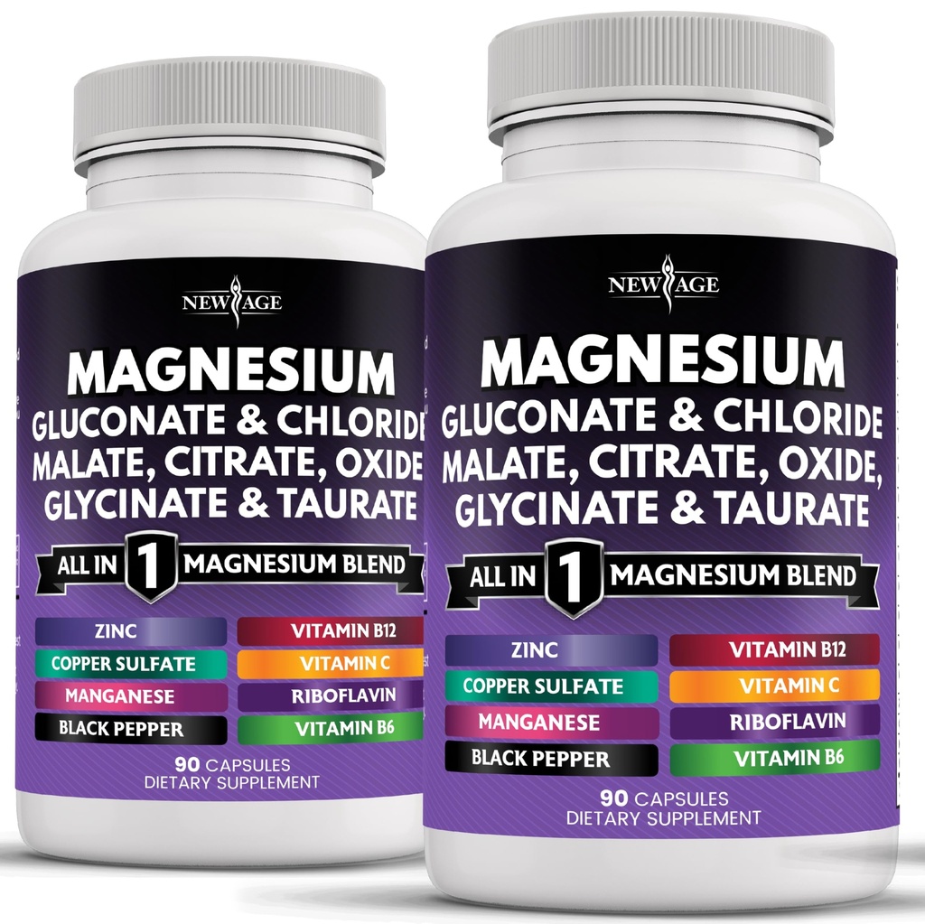 Suplemen Magnesium Baru - Terkuat Glycinate Citrate Malate Oxide Tadrate Aspartate Gluconate Oprour & Mag Chloride Mangania Bone Health dan Kekuatan Tulang, Persediaan Bersama - 180 Count