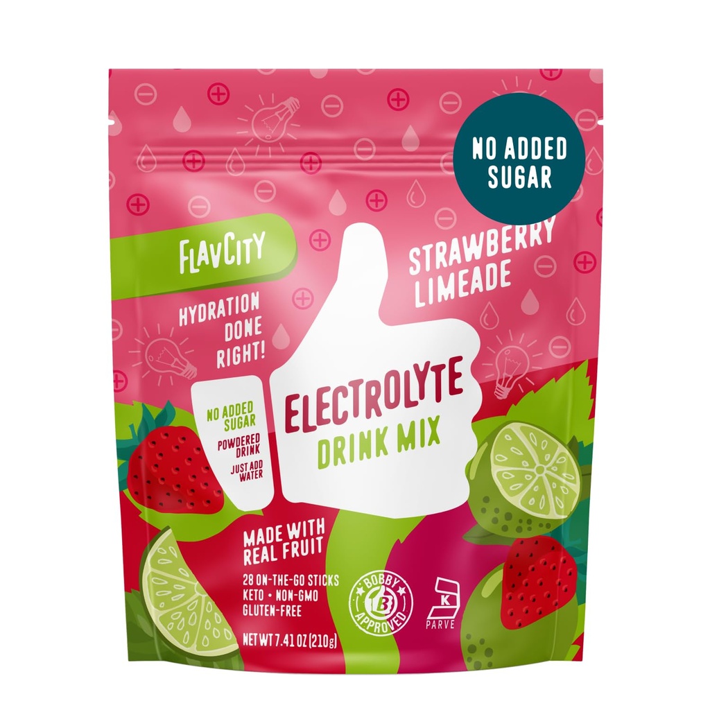 FlavCity Strawberry Limeade Electrolytes Powder Pawkers - 28 Paket Hidration - No Added Sugar - Hydration Powder with Real Fruit & Unfure Sea Salt - Keto & Gluten- Free (28 Stick Packs)