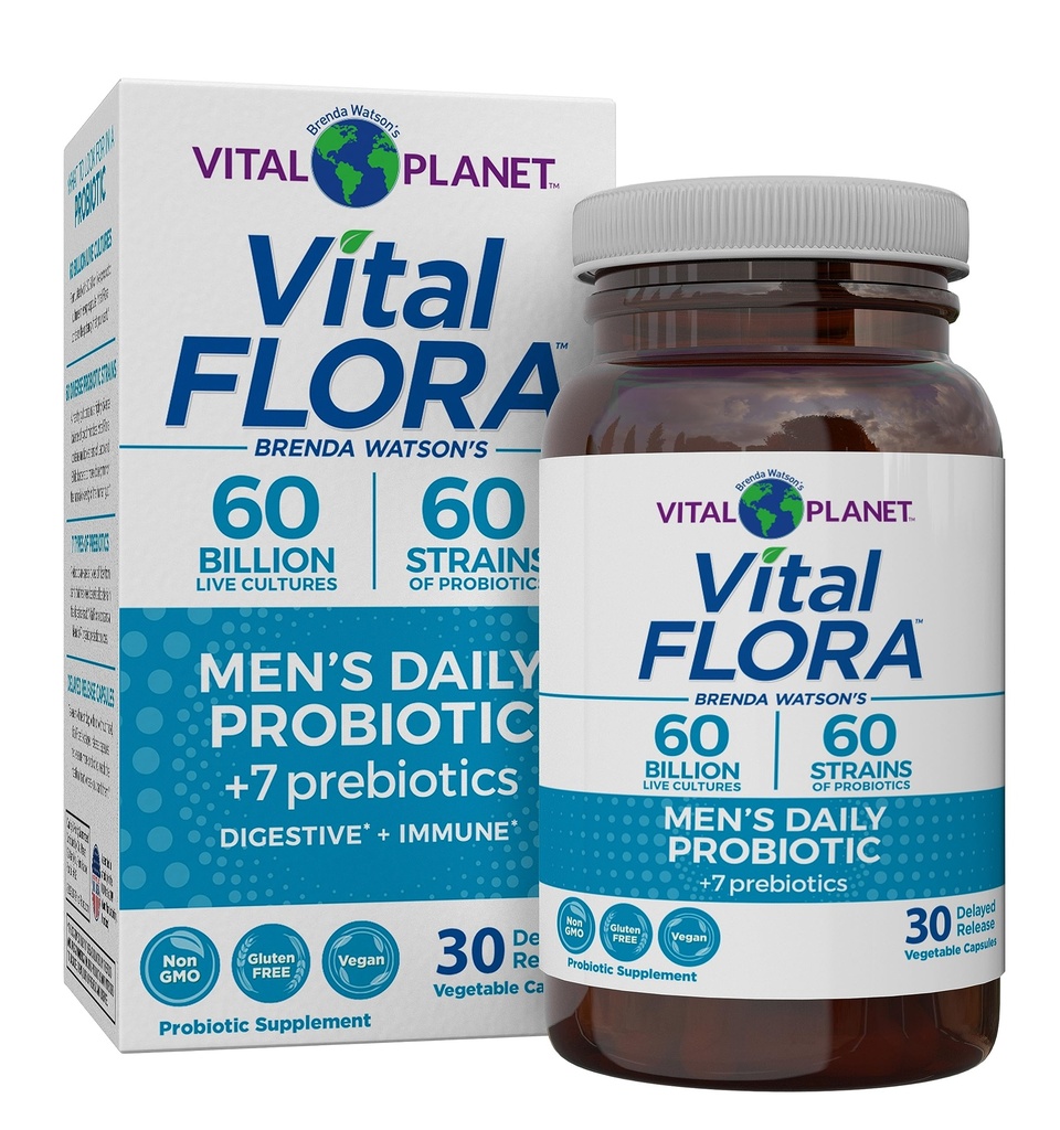Planet Vital - Vital Flora Probiotic Harian, 60 Milyar CFU, 60 Diverse Strains, 7 Organic Pregories, Immune Dukung, Gas Relief, Colon dan Digetical Health Progrees for Men 30 Kapsul