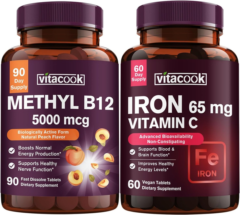 Besi dan Vitamin B12 Bundle, 5000 mcg B12, Nol Gula, Karbonyl Besi dengan Vitamin C, Lembut di The Stomach