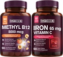 Besi dan Vitamin B12 Bundle, 5000 mcg B12, Nol Gula, Karbonyl Besi dengan Vitamin C, Lembut di The Stomach