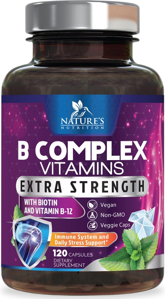 B Kompleks Vitamin Capsules - dengan Vitamin B12 B6 B100 C Biotin Folate & Folic Acid - Tambahan untuk Heart, Brain, & Nerve Dukungan - Super Lengkap B-Complex untuk Imune & Energy Support - 120 Capsules