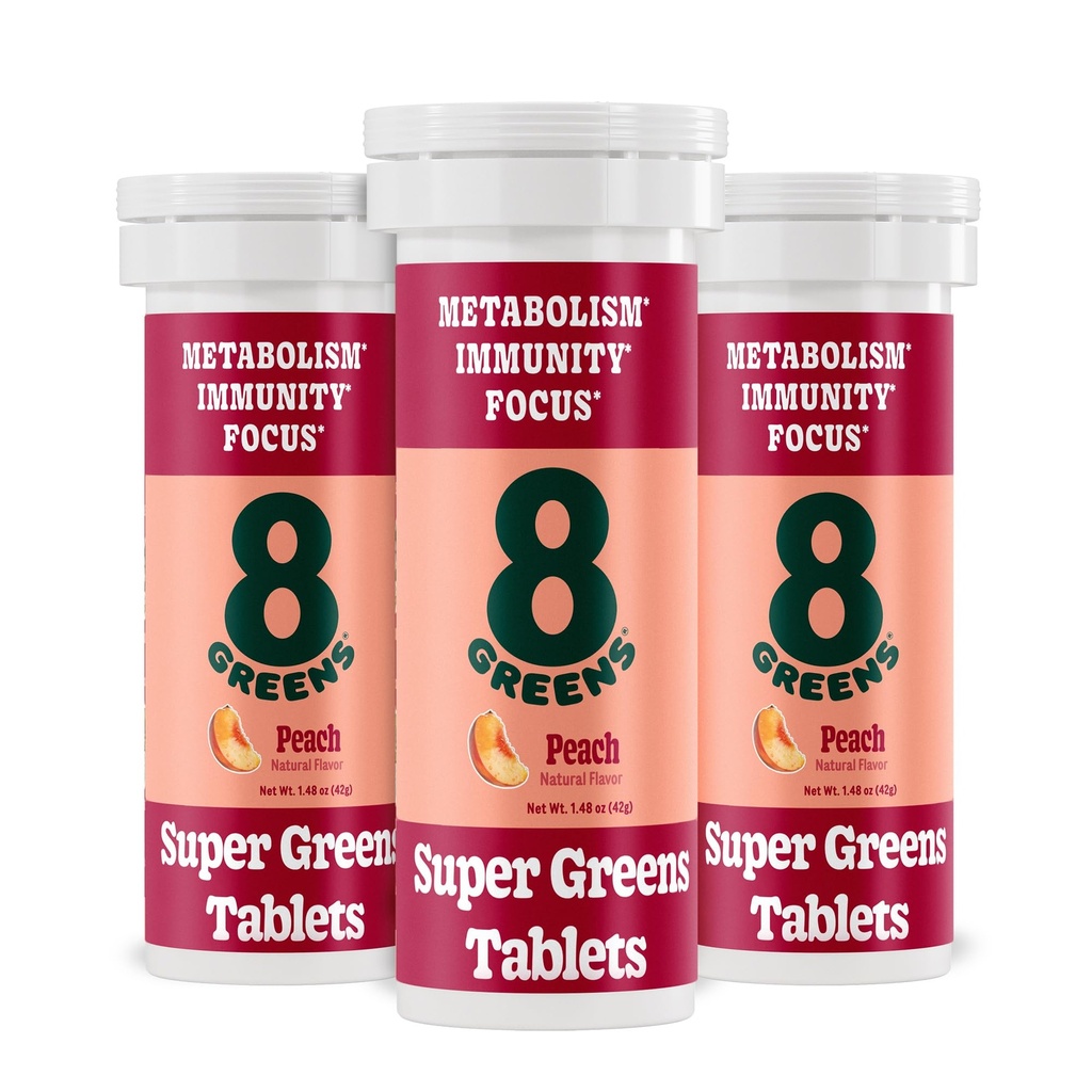 8greens Supergreens Tablets 144; Super Greens Powder Superfood Tablet, Metabolism Immunity & Focus, Daily Greens Effervescent Tablet, Organic: Aloe Vera, Spirulina, Chlorella, Peach, 30 Pelayan