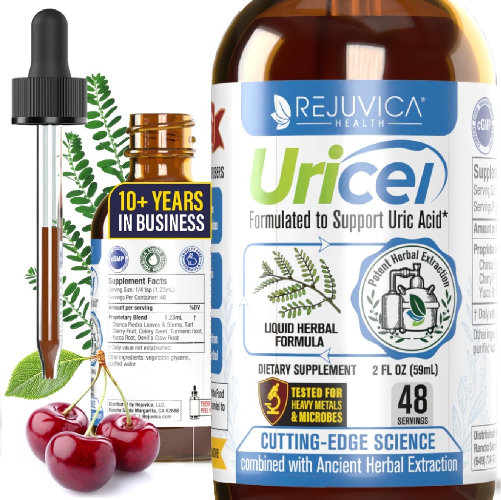 Uricel - Advanced Uric Acid Supplemen & Cleanse - Gabungan & Kidney - Liquid Delification for Better Cherry, Chanca Piedra, Celery Benih & Turmeric - 2 fl oz