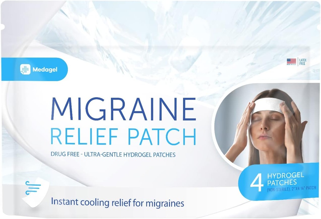 Migraine Relief Patch, Cooling Patches for Migraine, Fever, Hormone, & Headines, Mess & Odor- Free Hydrogel Cooling, Made in The USA, 1 Pack (4 X Patch) Putih