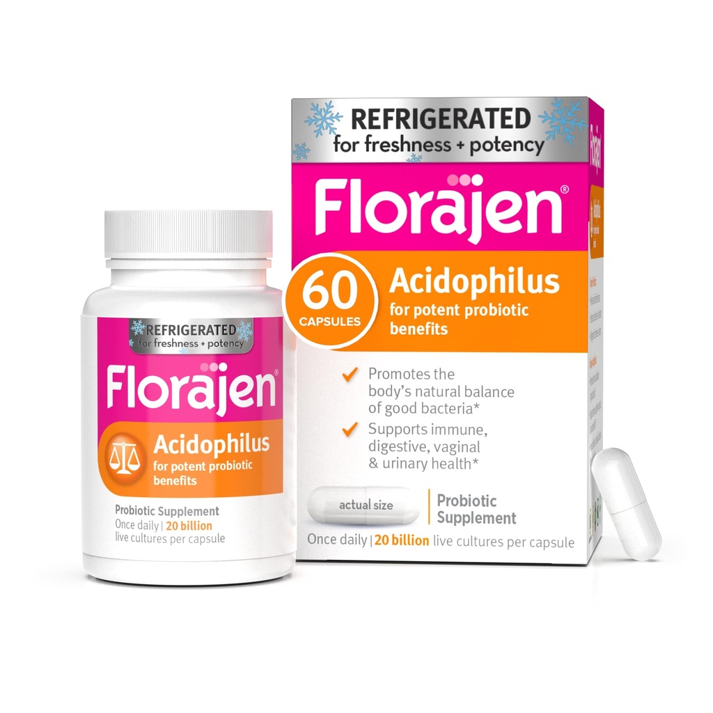 Floragen Acigholilus High Potency Recompleted Supports Overall Health, 20 Milyar CFU untuk Manfaat Probiotic, Unflafeted, 60 Count