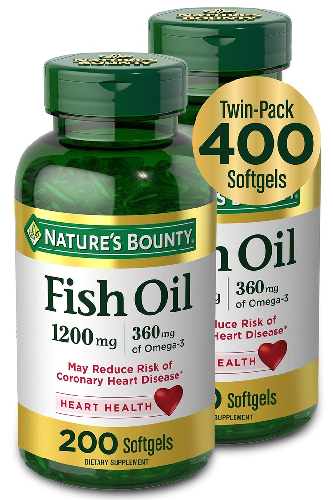 Nature 's Bounty Fish Oil, Dietary Suplemen dengan 360mg Omegaga- 3, Support Heart Health, 1200mg, 200 Softgels (Paket 2)